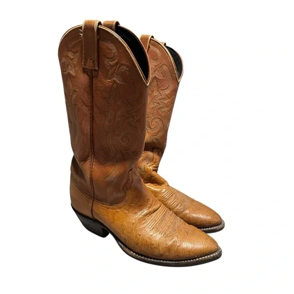 Dan Post Vintage Leather Ostrich Cowboy Boots Western Riding Tan Men's Size 8 D